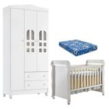 Berço Americano Mirelle E Guarda Roupa New Selena 3 Portas Branco Brilho Com Colchão Ortobom Carolina Móveis