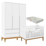 Berço Americano Unique E Guarda Roupa 3 Portas Nature Clean Branco Soft Eco Wood Com Colchão Gazin Matic