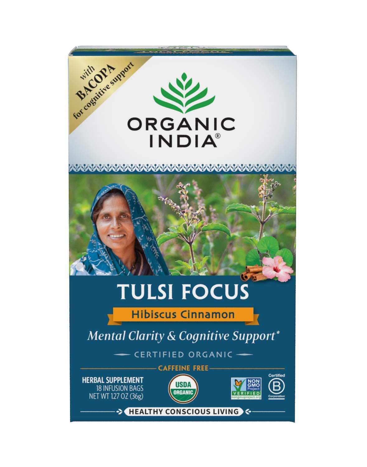 Chá Organic India Tulsi Focus Hibiscus Canela 18 Sacos