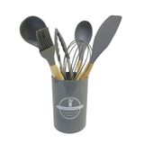 Conjunto De Utensílios Para Cozinha Em Silicone Com Cabo De Madeira 7 Peças Lehaví Cinza