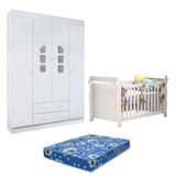 Berço Americano Lara E Guarda Roupa Lívia Branco Brilho Com Colchão Phoenix