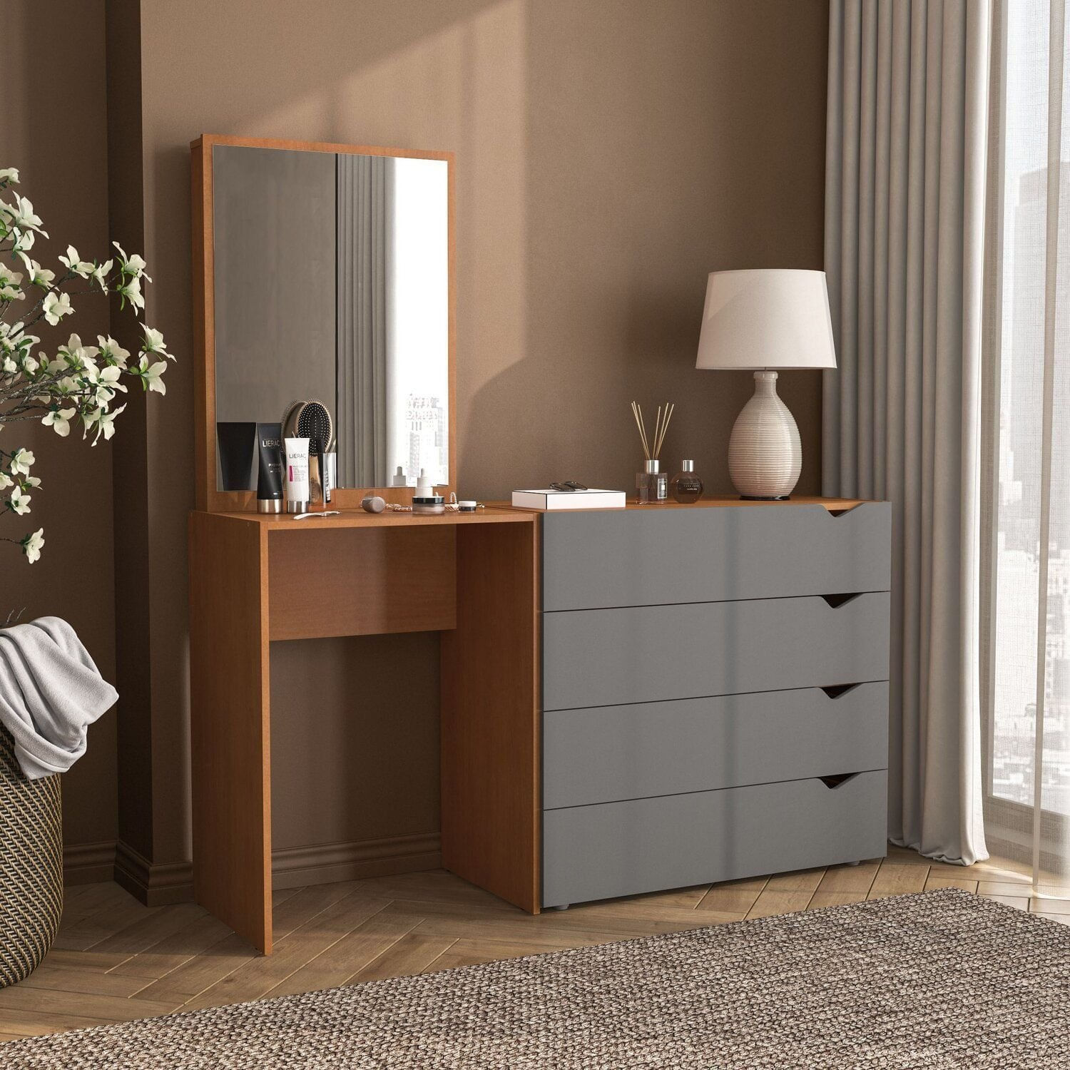 Cômoda Penteadeira 4 Gavetas Com Espelho Porto Cinza/freijó
