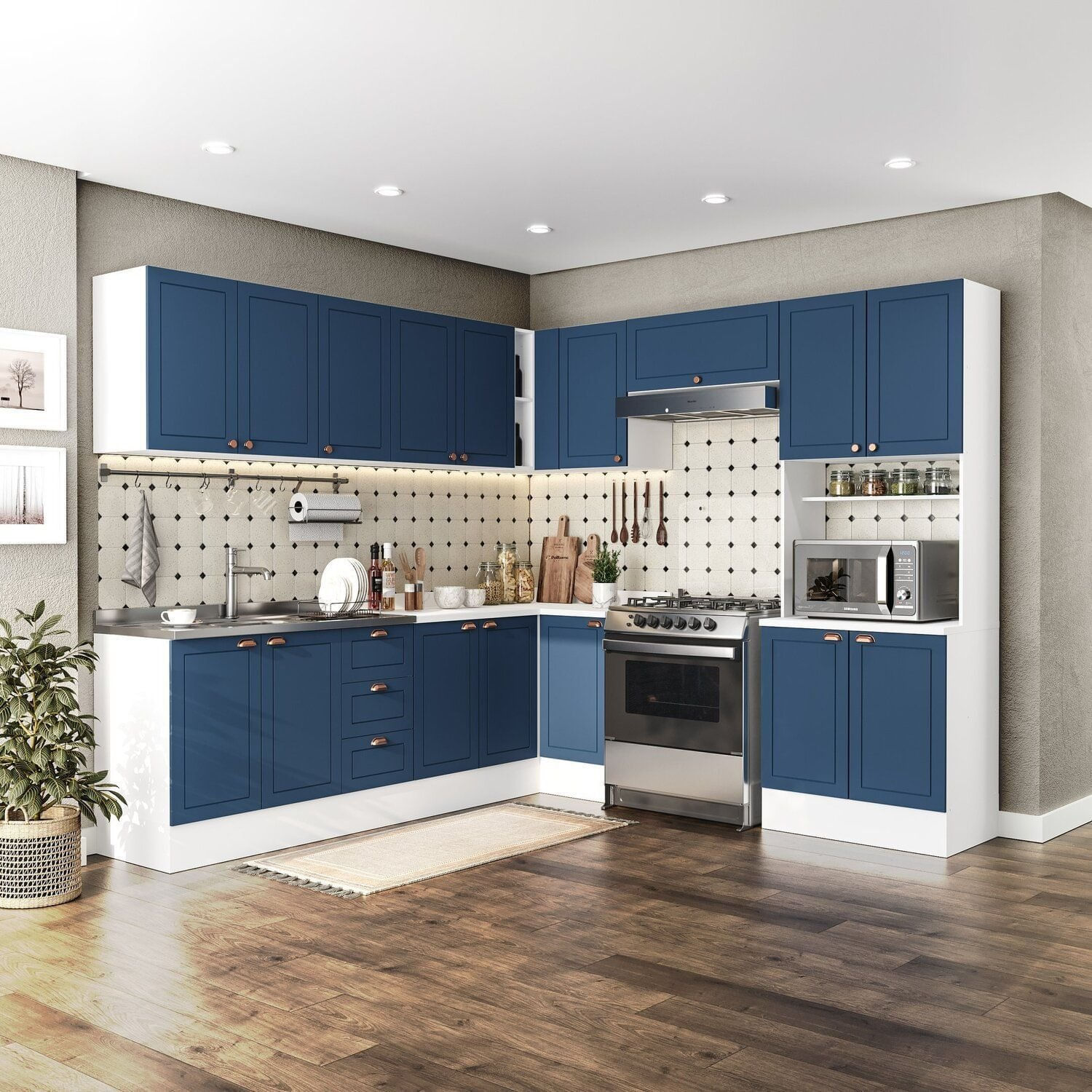 Cozinha Completa 9 Peças Com Rodapé Pérola Yescasa Azul/branco