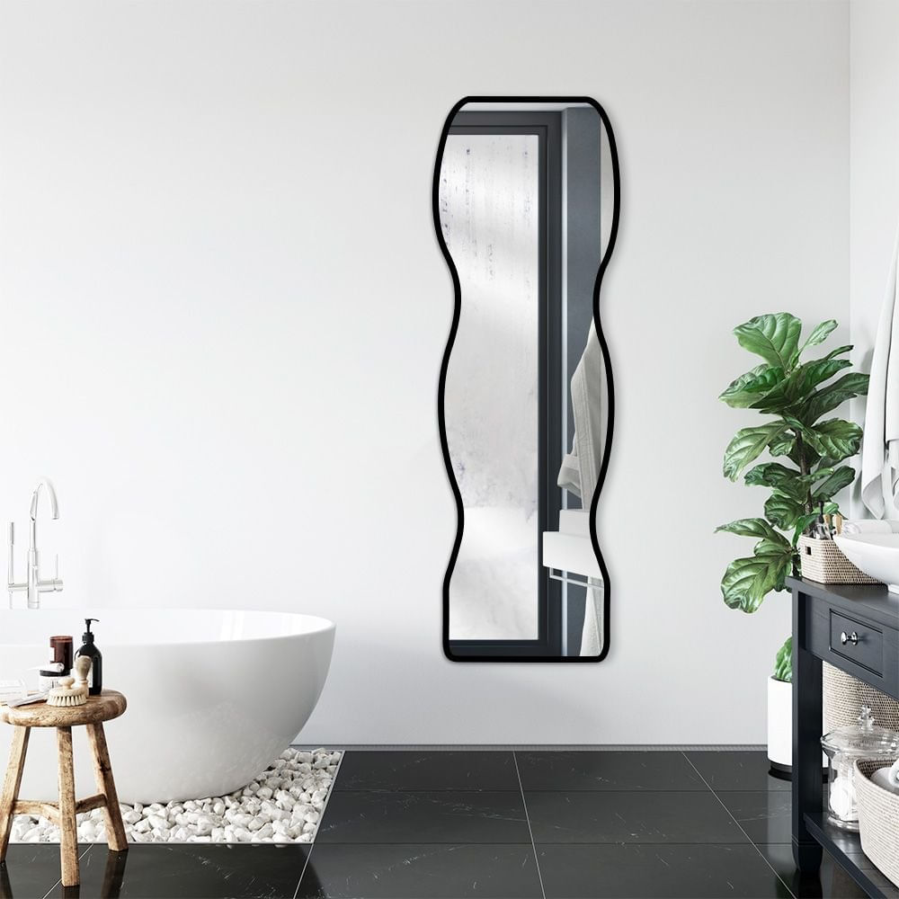 Espelho Decorativo Ondas De Base Reta 55x160 Orgânico De Parede Preto
