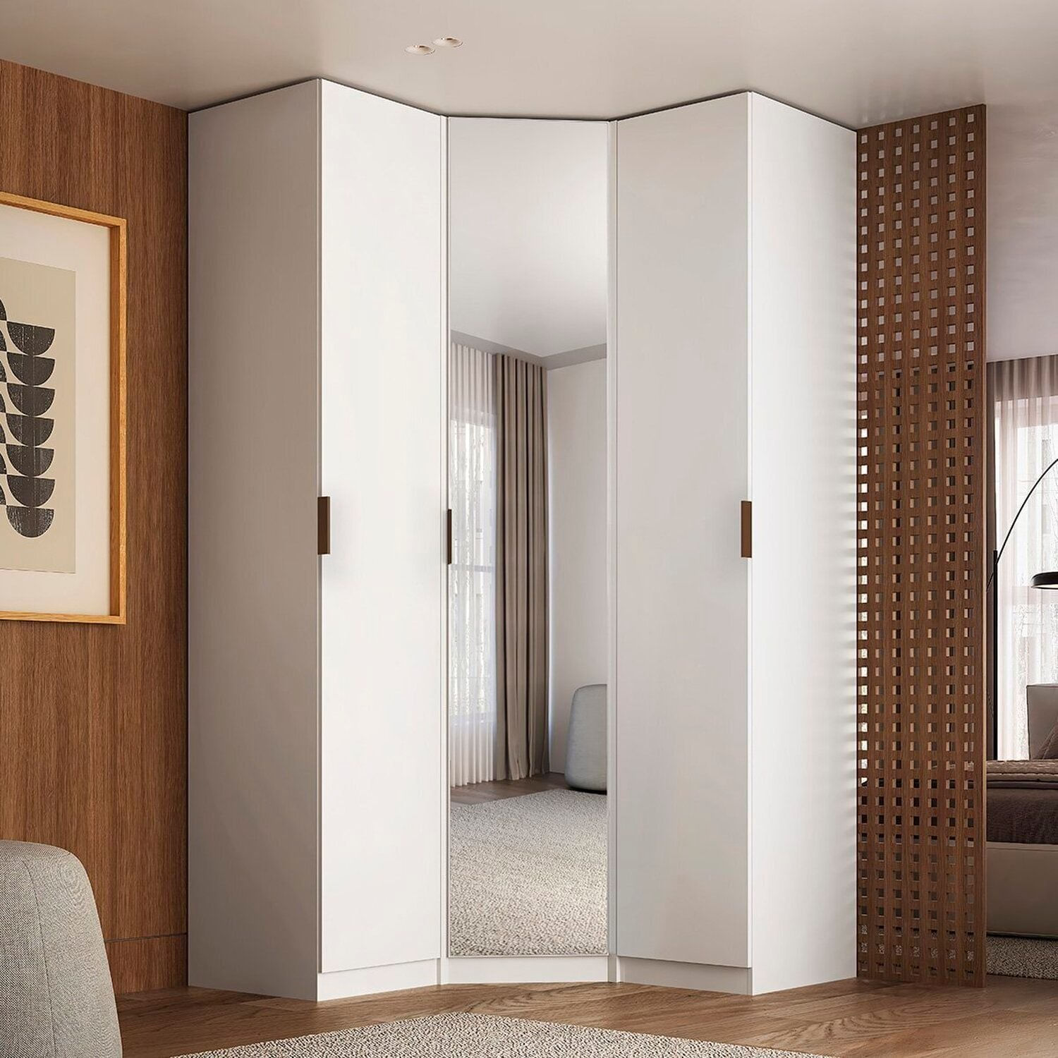 Módulo Guarda-roupa De Canto Obliquo Espelho 3 Portas Mdf Clean Altezza Branco