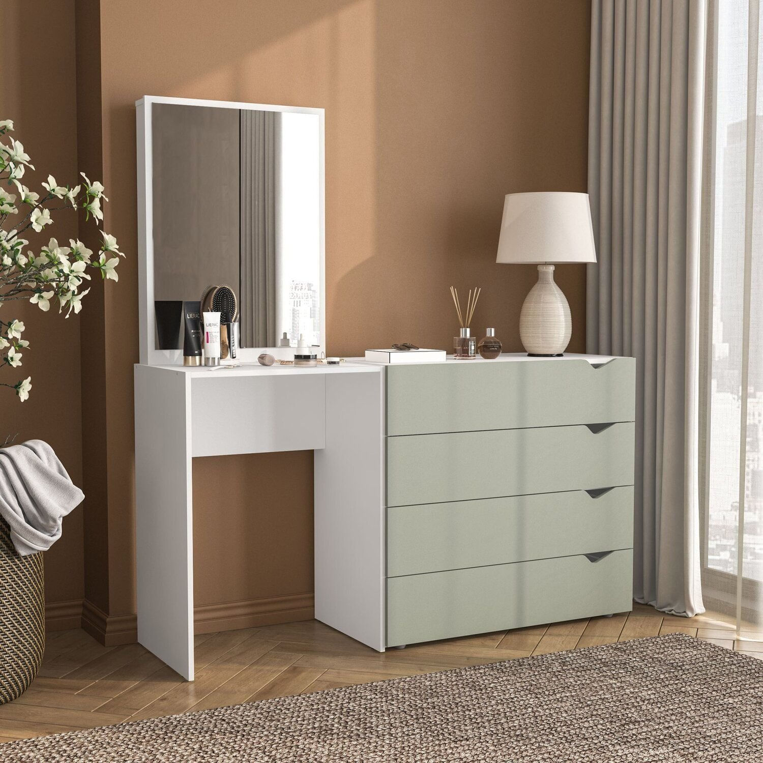 Cômoda Penteadeira 4 Gavetas Com Espelho Porto Verde/branco