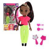 Boneca Violet Negra 30cm Com Acessórios Como Pente Espelho E Prendedores De Cabelo