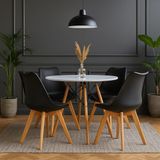 Jogo Cozinha Sala Jantar Mesa Redonda Moderna 100cm Eiffel Cor Branco Com 4 Cadeiras Leda Wood Cor Preto