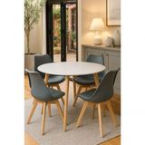 Mesa De Jantar Redonda Leda Saarinen Cor Branco Com 4 Cadeiras Leda Cinza Ideal Para Cozinha Sala Gourmet