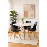 Jogo Mesa De Jantar Sala Cozinha Redonda Mdf 110cm Eiffel Branco E 4 Cadeiras Leda Wood Preta