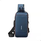 Bolsa Mochila Pochete Pochet Transversal Diagonal Ombro Anti-furto Usb À Prova D&#39;água Durabilidade - Azul Com Dourado