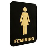 Placa Acrílico Banheiro Feminino Preto Relevo Dourado 20x15