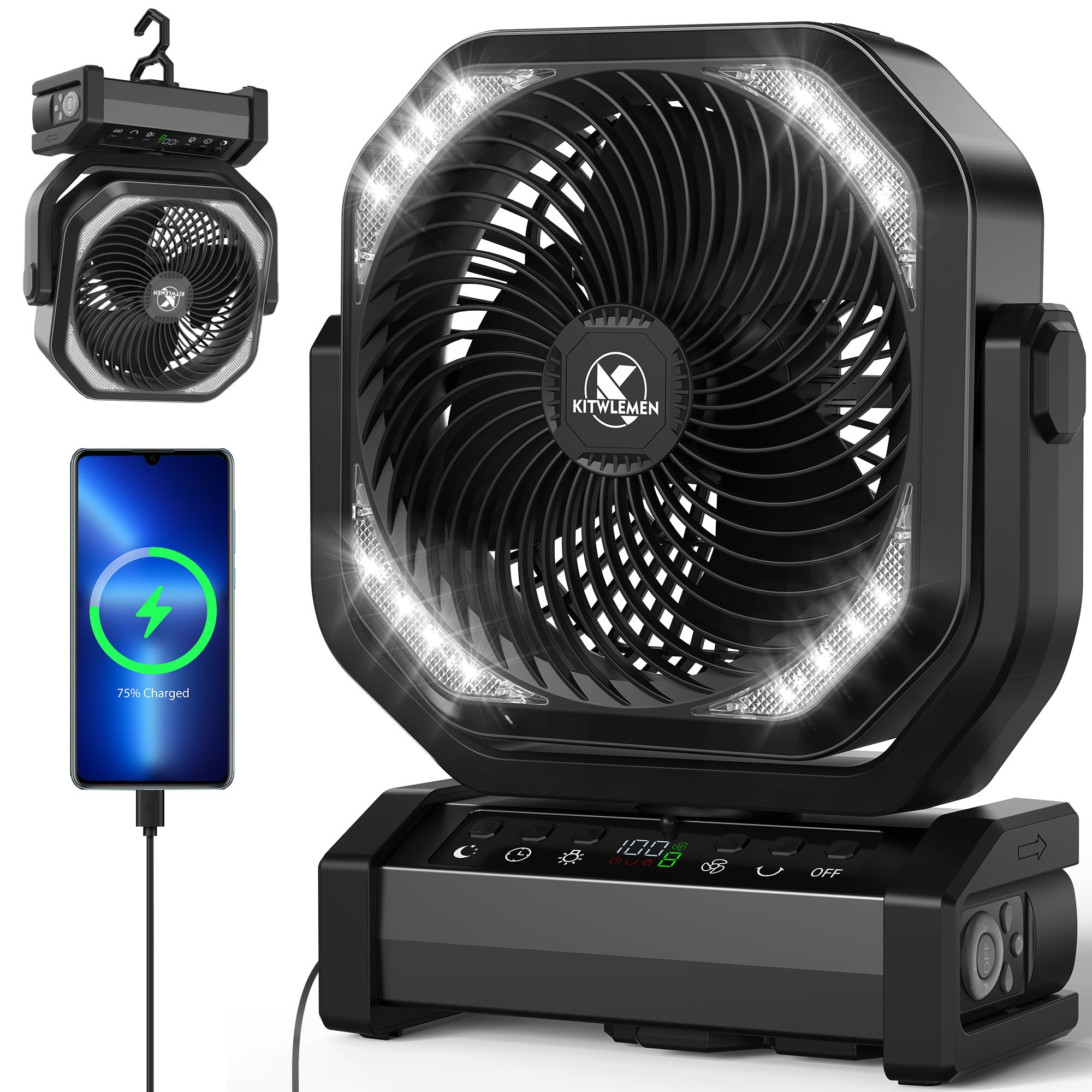 Ventilador De Acampamento Com Luz Kitwlemen 20000mah Bateria Recarregável