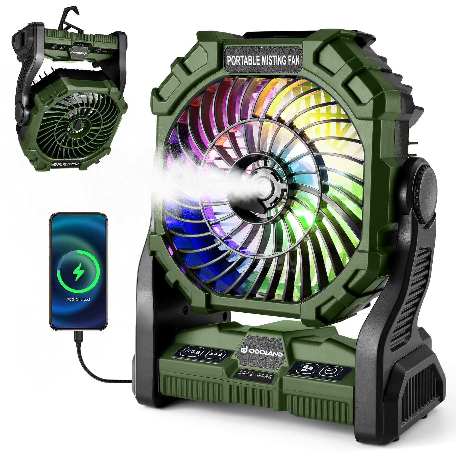 Ventilador De Acampamento Portátil Odoland 20000mah Com Lanterna Led Verde