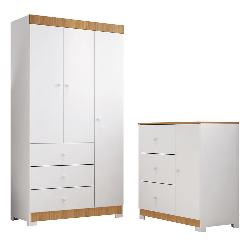 Jogo De Quarto Infantil Duda Com Guarda Roupa 3 Portas E Cômoda Branco/carvalho - Phoenix Baby