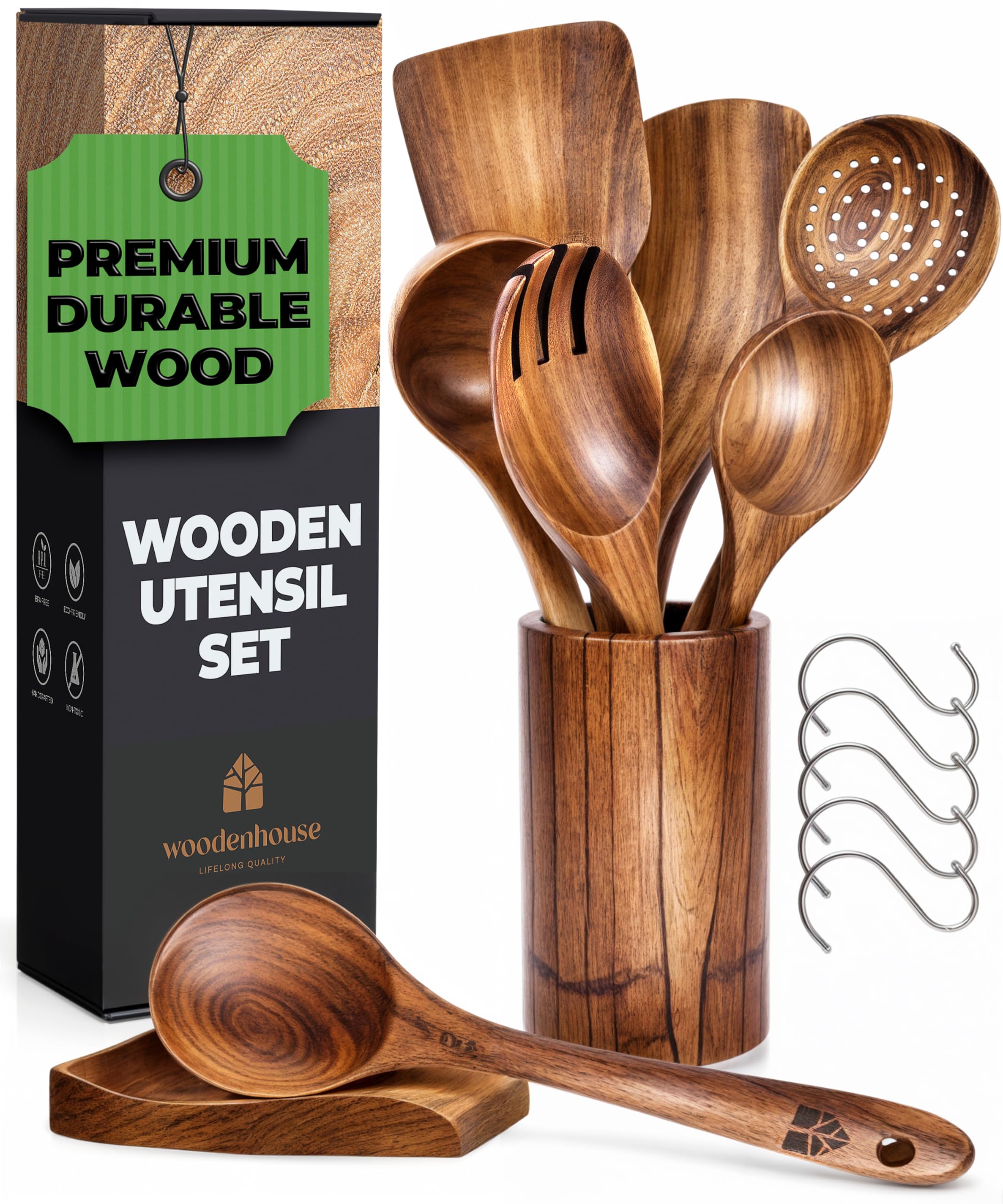 Conjunto De Utensílios Woodenhouse Lifelong Quality Teak Wood 8 Peças