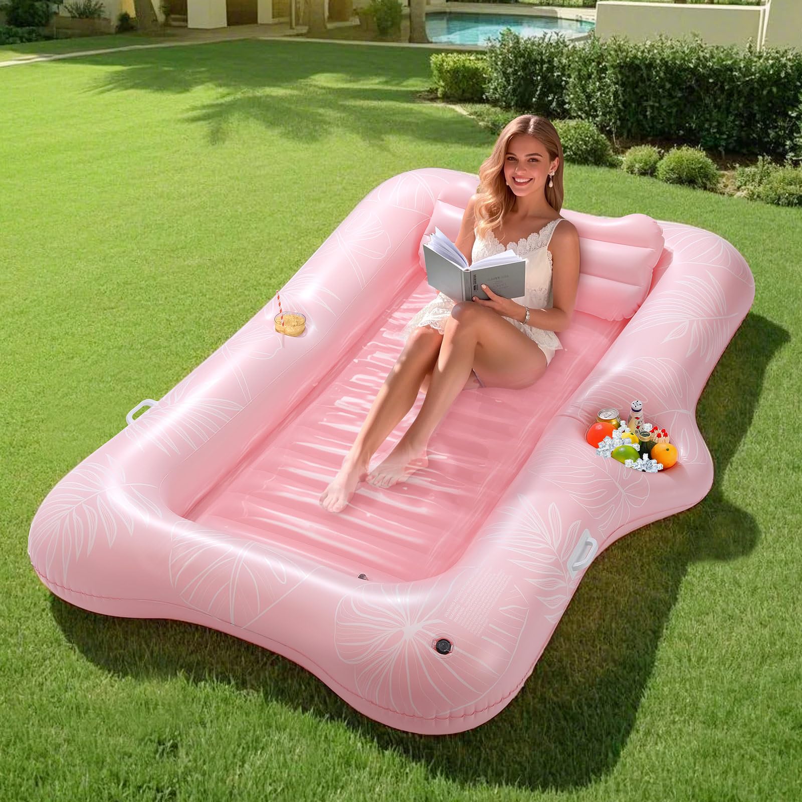 Espreguiçadeira Inflável Para Adultos Pool Float Moko Com Barra De Gelo Pink Leaf