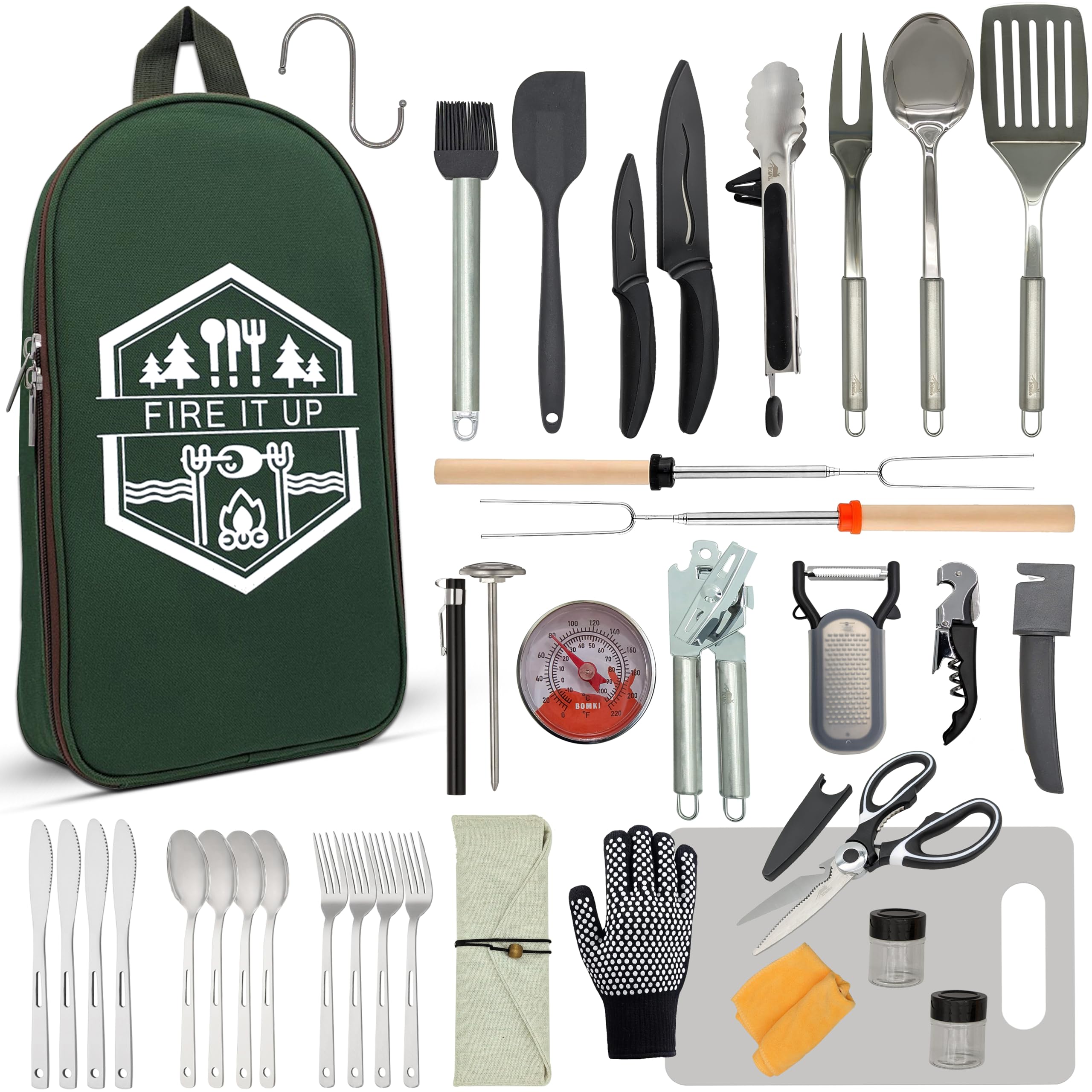 Conjunto De Utensílios De Cozinha Bomki Grilling &amp; Camping 35 Unidades Com Saco Green Pro
