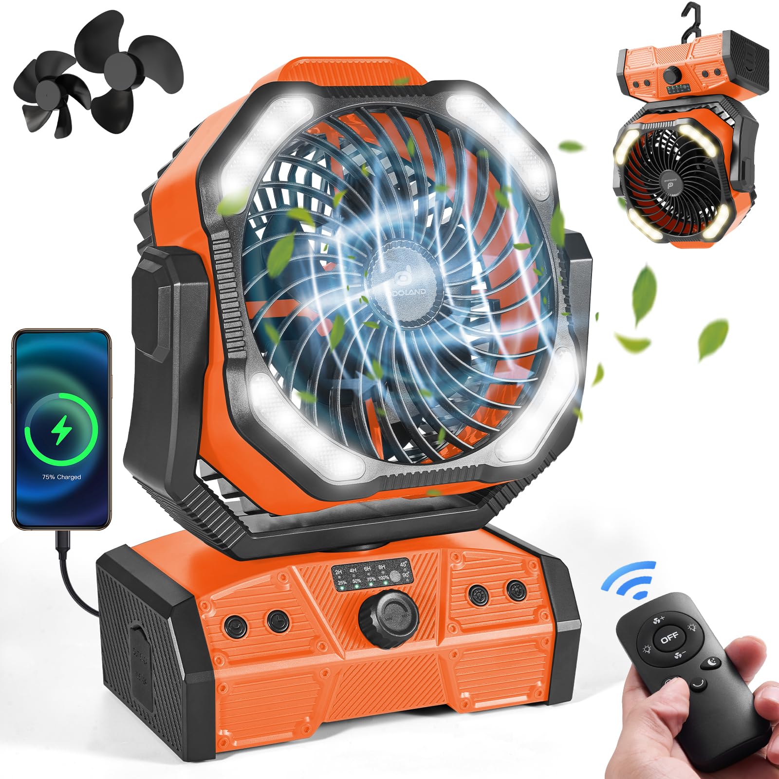 Ventilador De Acampamento Odoland 40000mah Com Luz Led Recarregável Laranja