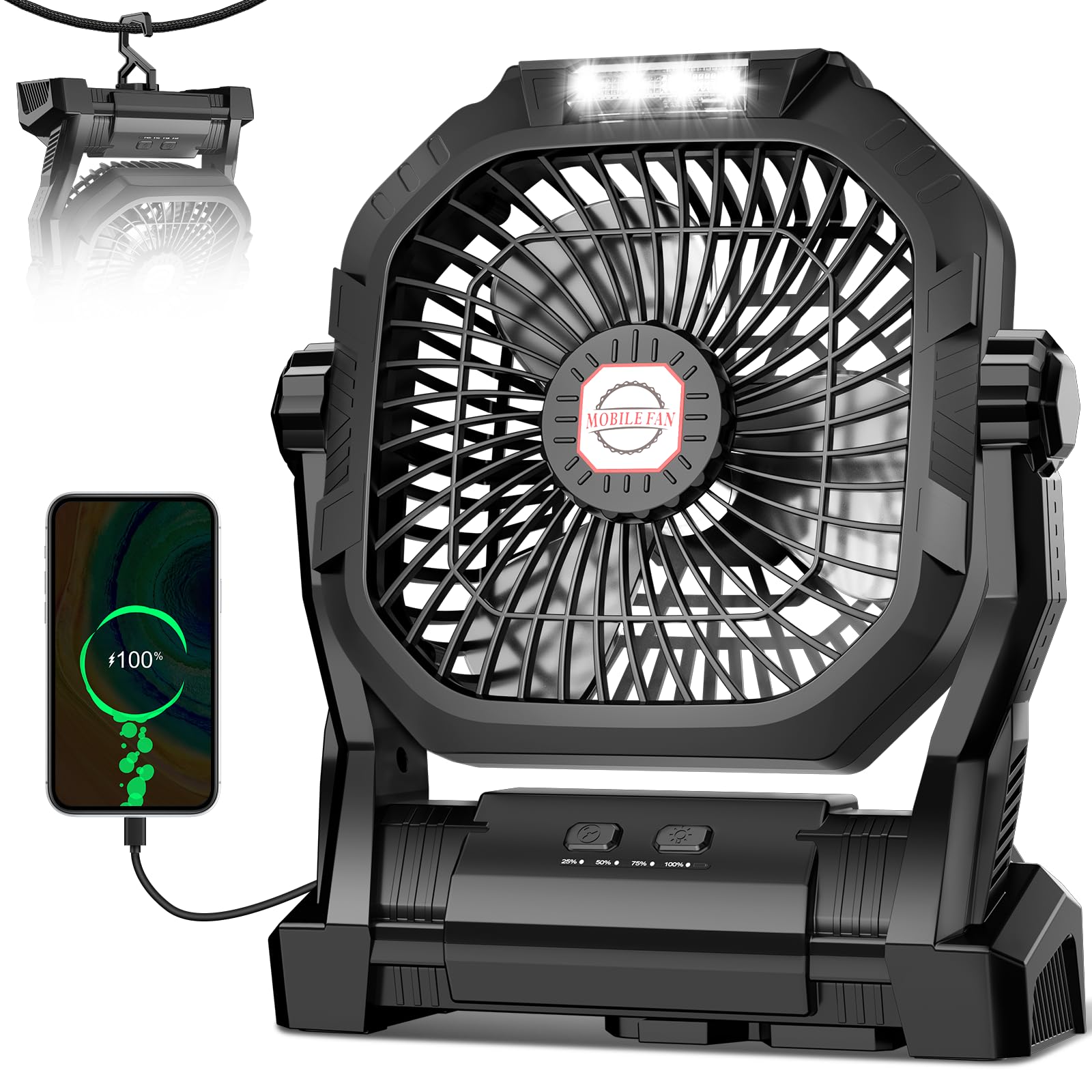 Ventilador De Acampamento Roshopi Recarregável 20000mah Com Luz Led De 4 Velocidades