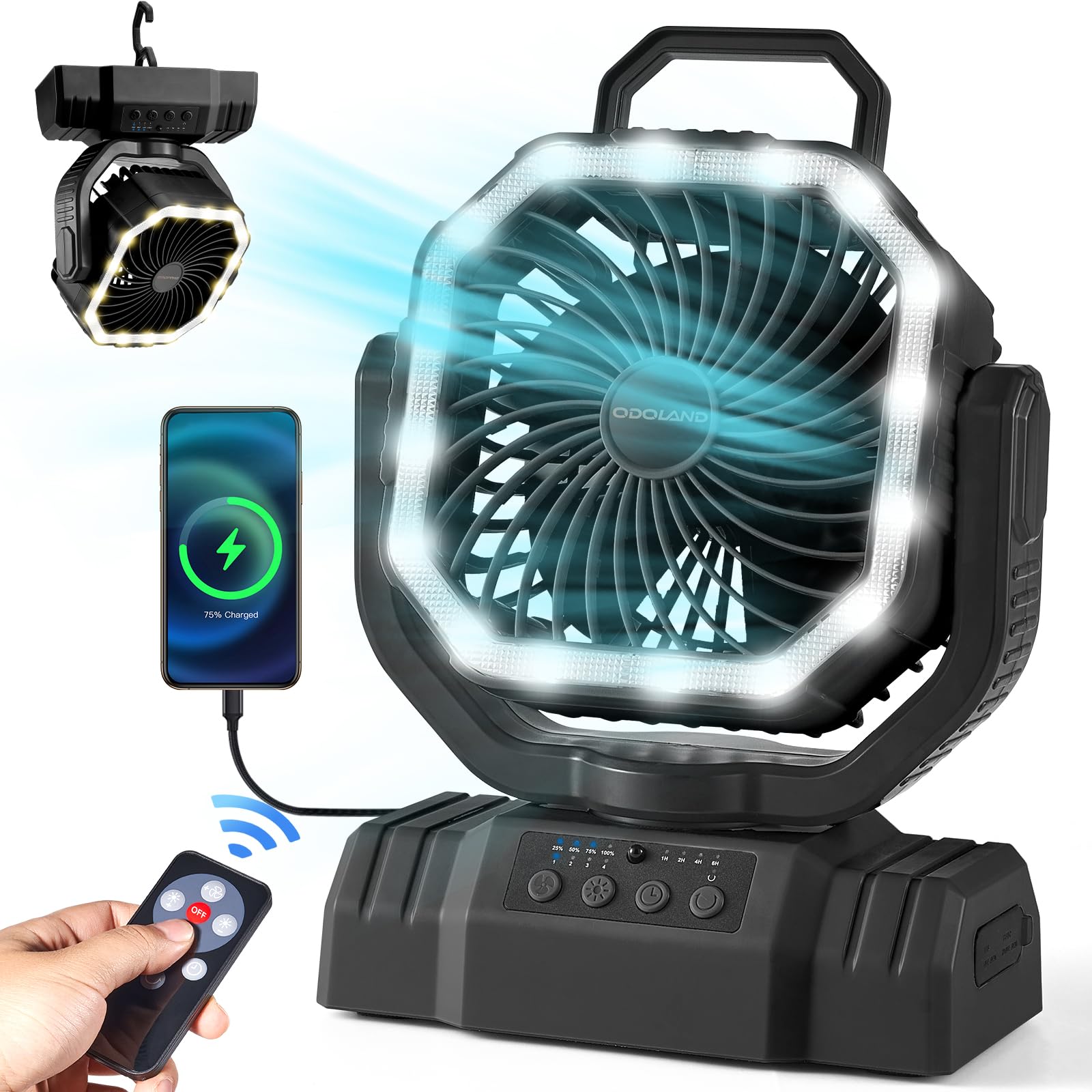 Ventilador De Acampamento Portátil Odoland Com Lanterna Led 20000mah Preta