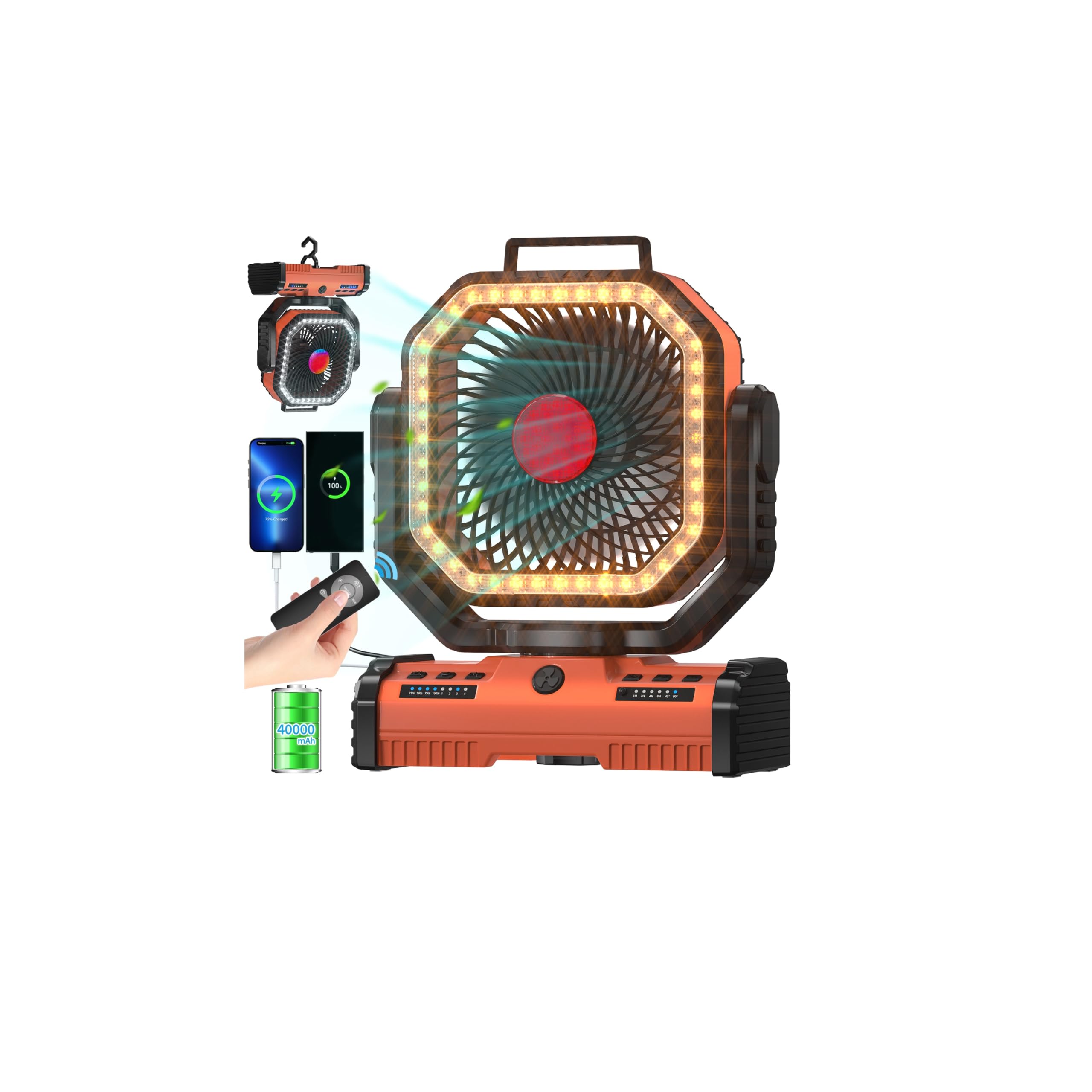 Ventilador De Acampamento Adust 30cm Com Lanterna Led Recarregável 40000mah