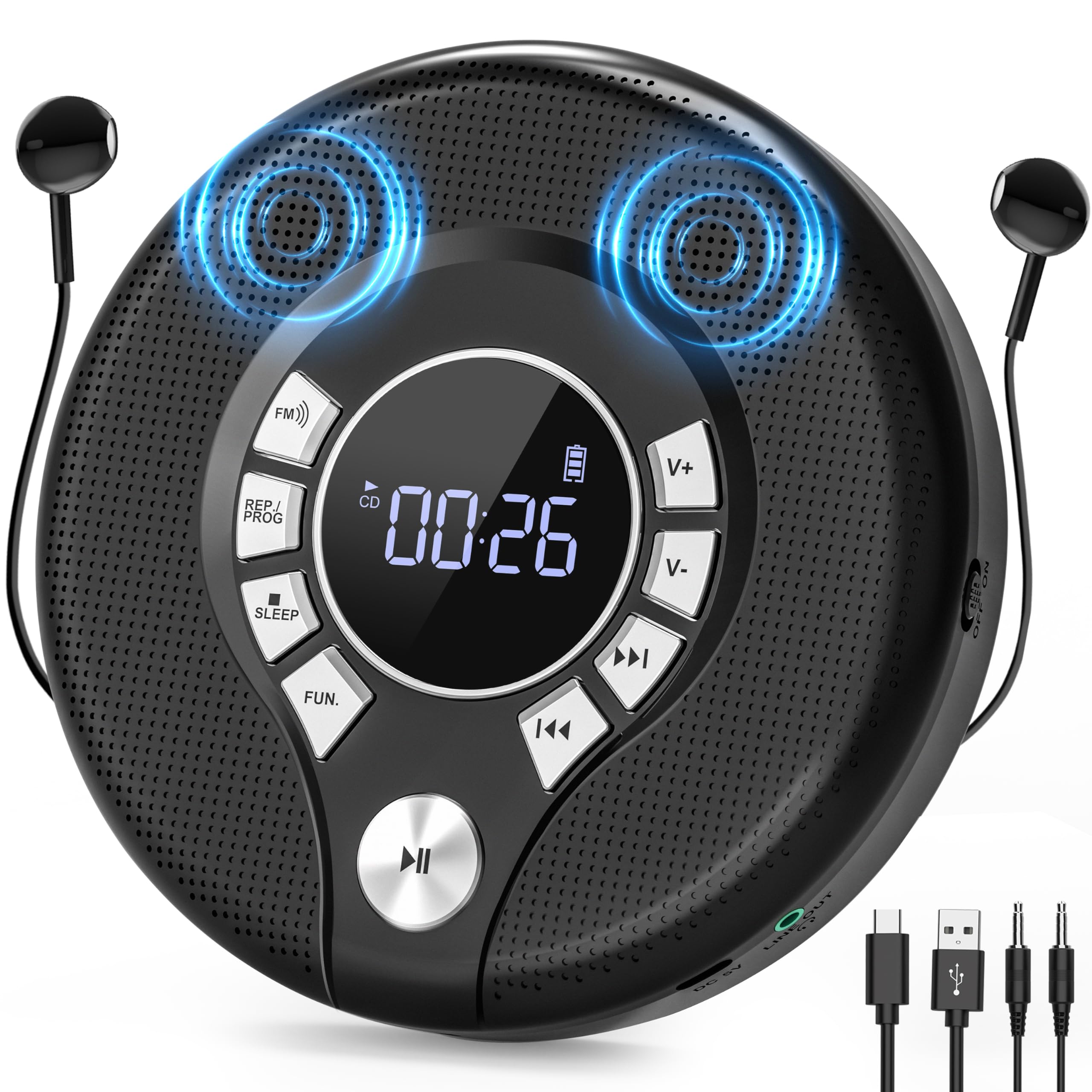 Leitor De Cd Portátil Greadio Com Bateria Recarregável De 2000mah