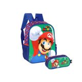 Mochila Costas Super Mario Azul Com Estojo Duplo Escolar