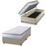 Cama Box Baú Solteiro Colchão Com Molas Ensacadas 88x188x63cm Dunas Branco/bege Hellen Branco / Bege