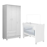 Jogo De Quarto Infantil Doce Sonho Guarda Roupa 3 Portas E Berço Branco Com Rodízio - Qmovi Branco