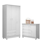 Jogo De Quarto Doce Sonho Guarda Roupa 3 Portas E Cômoda 1 Porta Branco Com Pés - Qmovi Branco