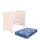 Berço Doce Sonho Rosa Acetinado Com Rodízios E Colchão Baby Physical - Qmovi Rosa Acetinado