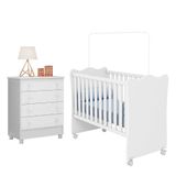 Jogo De Quarto Infantil Doce Sonho Cômoda 4 Gavetas E Berço Branco Com Rodízio - Qmovi Branco