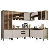Cozinha Completa De Canto 9 Peças Connect Duna/cristal Com Cristaleira E Aéreo Vidro - Móveis Henn Duna/cristal