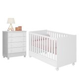 Jogo De Quarto Infantil Doce Sonho Cômoda 4 Gavetas E Berço Mini Cama Branco Com Rodízio - Qmovi Branco