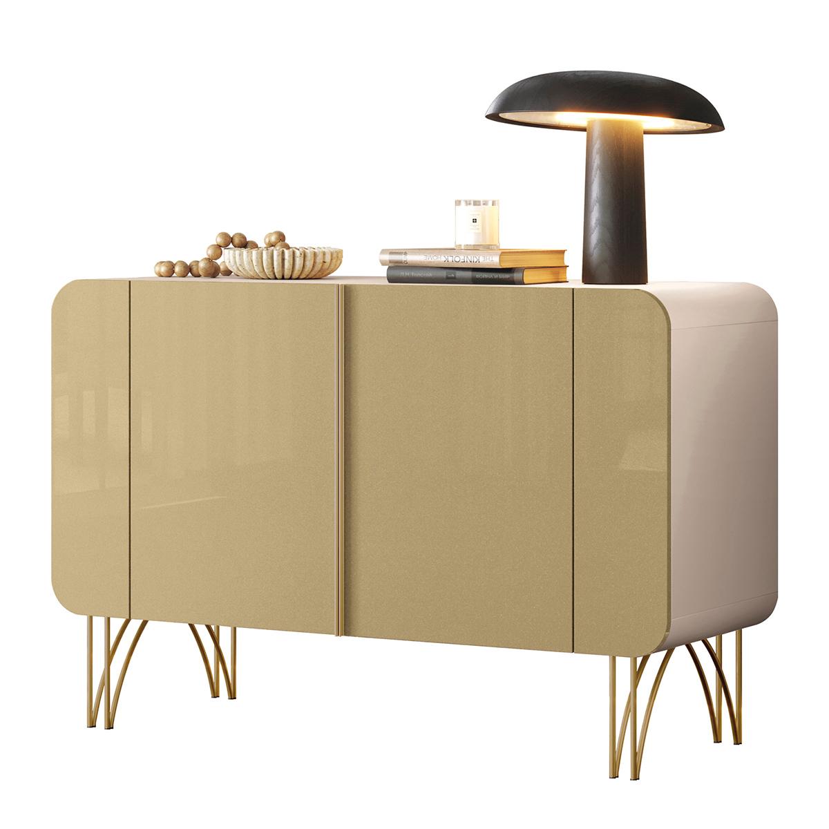 Aparador Buffet Sala Benvenuto Com 2 Portas E Pés Em Aço Off White/champanhe