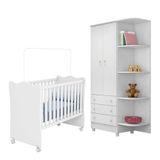 Jogo De Quarto Doce Sonho Guarda Roupa 2 Portas E Berço Branco Com Rodízio - Qmovi Branco