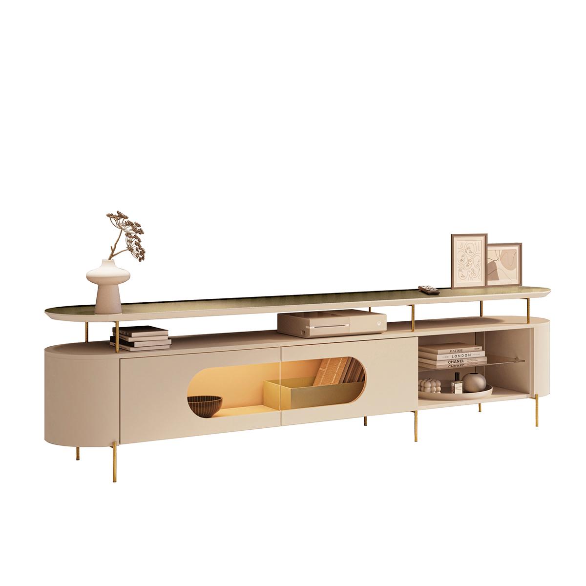 Rack Bancada Aria Led Para Tv Até 85 Polegadas Pés Em Aço Off White/champanhe