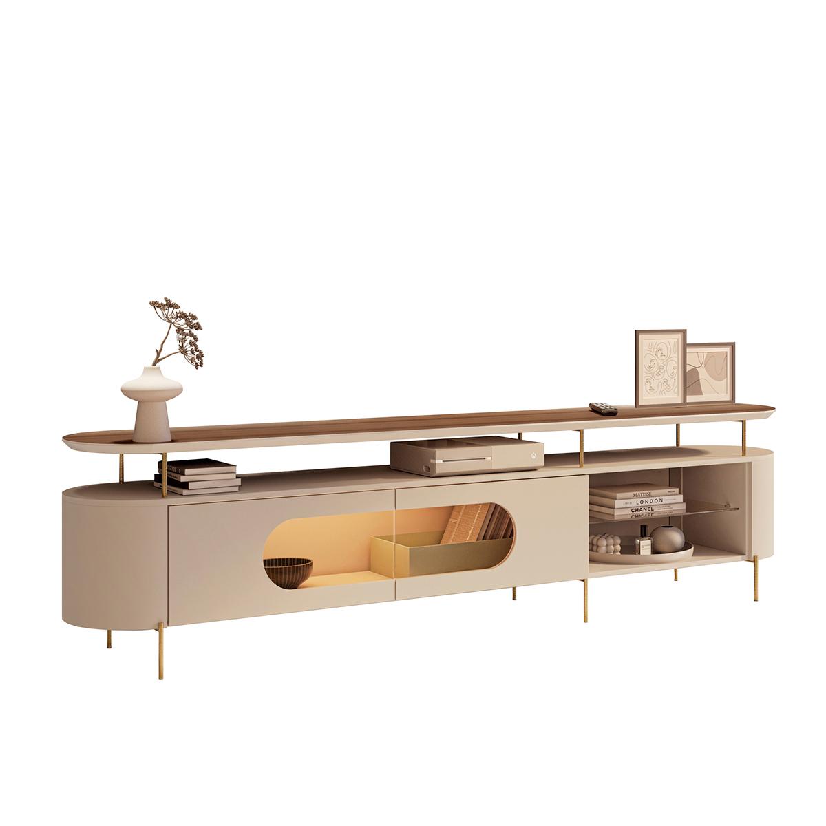 Rack Bancada Aria Led Para Tv Até 85 Polegadas Pés Em Aço Off White/castanho