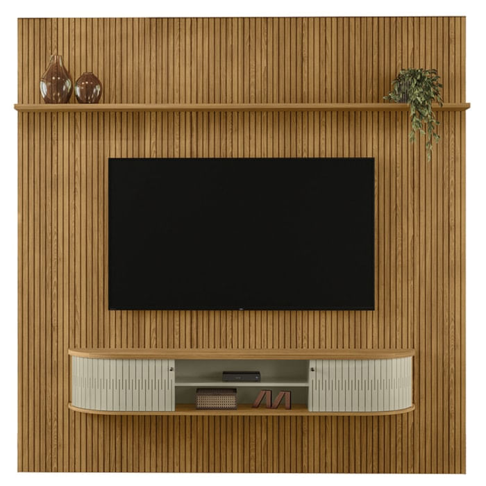 Painel Bancada Tv 75 Pol 245x238 Cm Bugatti Cumaru Opala Madetec