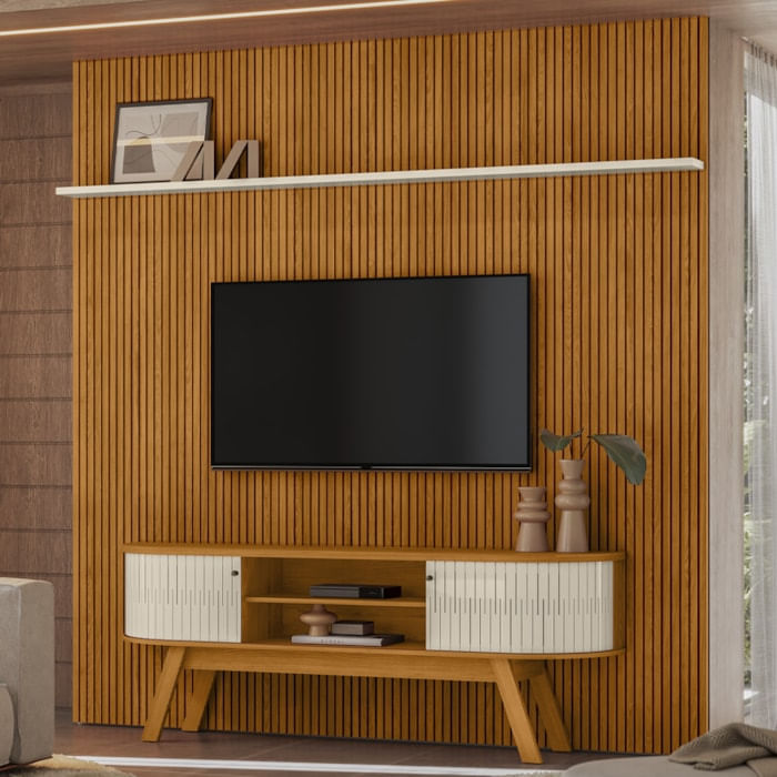 Painel Bancada Tv 75 Pol 245x238 Cm Laguna Cinamomo Off White Madetec
