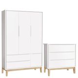 Cômoda Gaveteiro E Guarda Roupa Infantil 3 Portas New Classic Branco Com Pés Madeira Natural - Reller