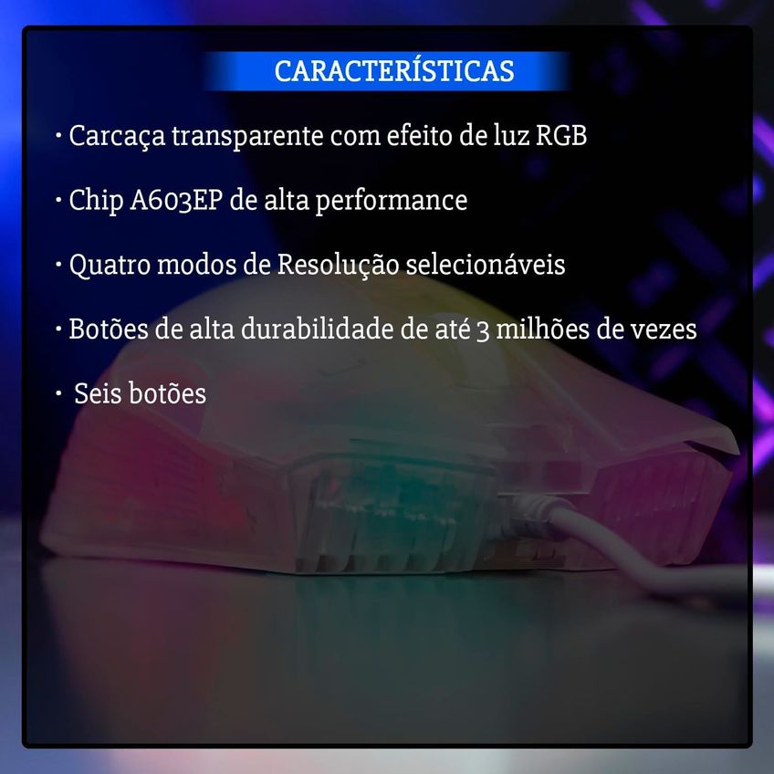 Mouse Gamer Rgb Transparente Alta Precisão Para Jogos Ergonomico Ultraleve Usb Led - imagem 3