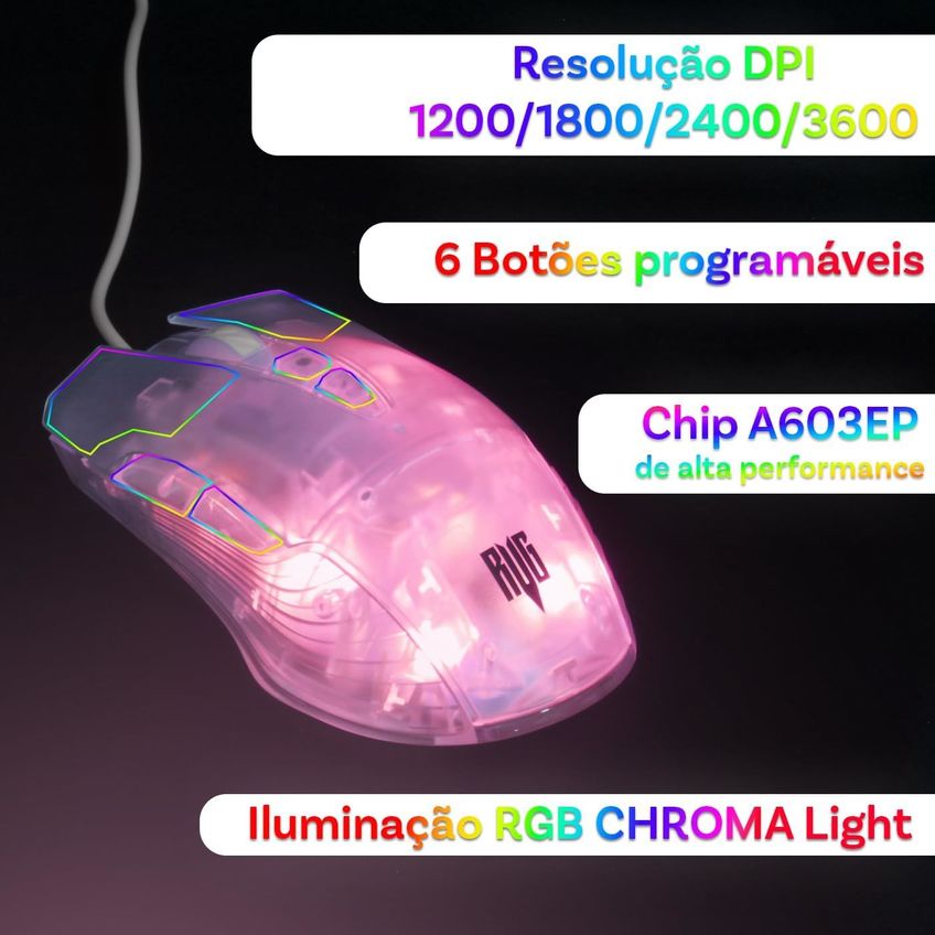 Mouse Gamer Rgb Transparente Alta Precisão Para Jogos Ergonomico Ultraleve Usb Led - imagem 5