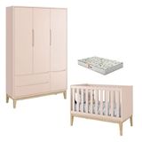 Berço Americano E Guarda Roupa 3 Portas New Classic Rosa Com Pés Madeira Natural E Colchão Gazin ? Reller