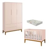 Berço Americano E Guarda Roupa 3 Portas New Classic Rosa Com Pés Madeira E Colchão Gazin ? Reller