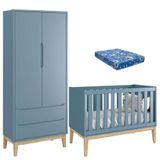 Berço Americano Com Colchão E Guarda Roupa Classic 2 Portas Azul Pés Madeira Natural ? Reller
