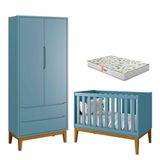 Berço Americano E Guarda Roupa 2 Portas New Classic Azul Com Pés Madeira E Colchão Gazin ? Reller