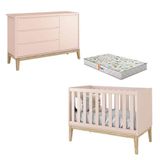 Berço Americano E Cômoda New Classic Rosa Com Pés Madeira Natural E Colchão Gazin ? Reller