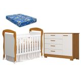 Berço Americano Danny E Cômoda Infantil Zaki Branco Acetinado Savana Com Colchão Ortobom - Reller